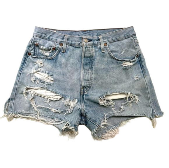 Levi’s 501 💵 Blue Denim Cutoff Jeans Shorts Distressed Size W29 Torn Rip… - Picture 1 of 12